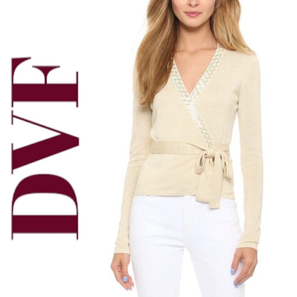 DIANE VON‎ FURSTENBERG Ballerina Gold Shimmer Embellished Wrap Cardigan, Medium